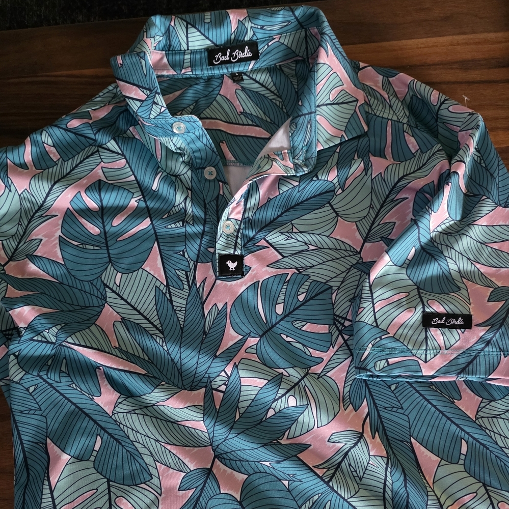 Bad Birdie Tropical Pink and Blue Polo Shirt